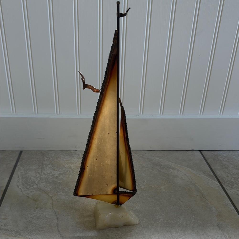 Mario Jason Torch Cut Sailboat Brass Onyx Stone Base 14” tall